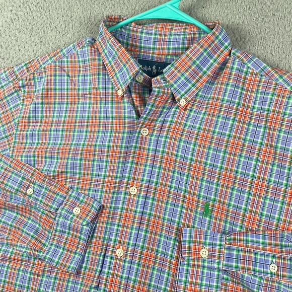 Ralph Lauren Classic Fit Button Down Shirt Men's Large Orange Blue Plaid - Picture 1 of 13